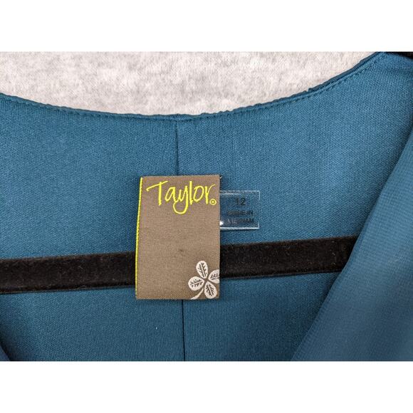 Taylor Dress Teal Green Pleated Midi Sheer Lined Fall Boho Smocked Waist Sz 12 - Picture 10 of 13